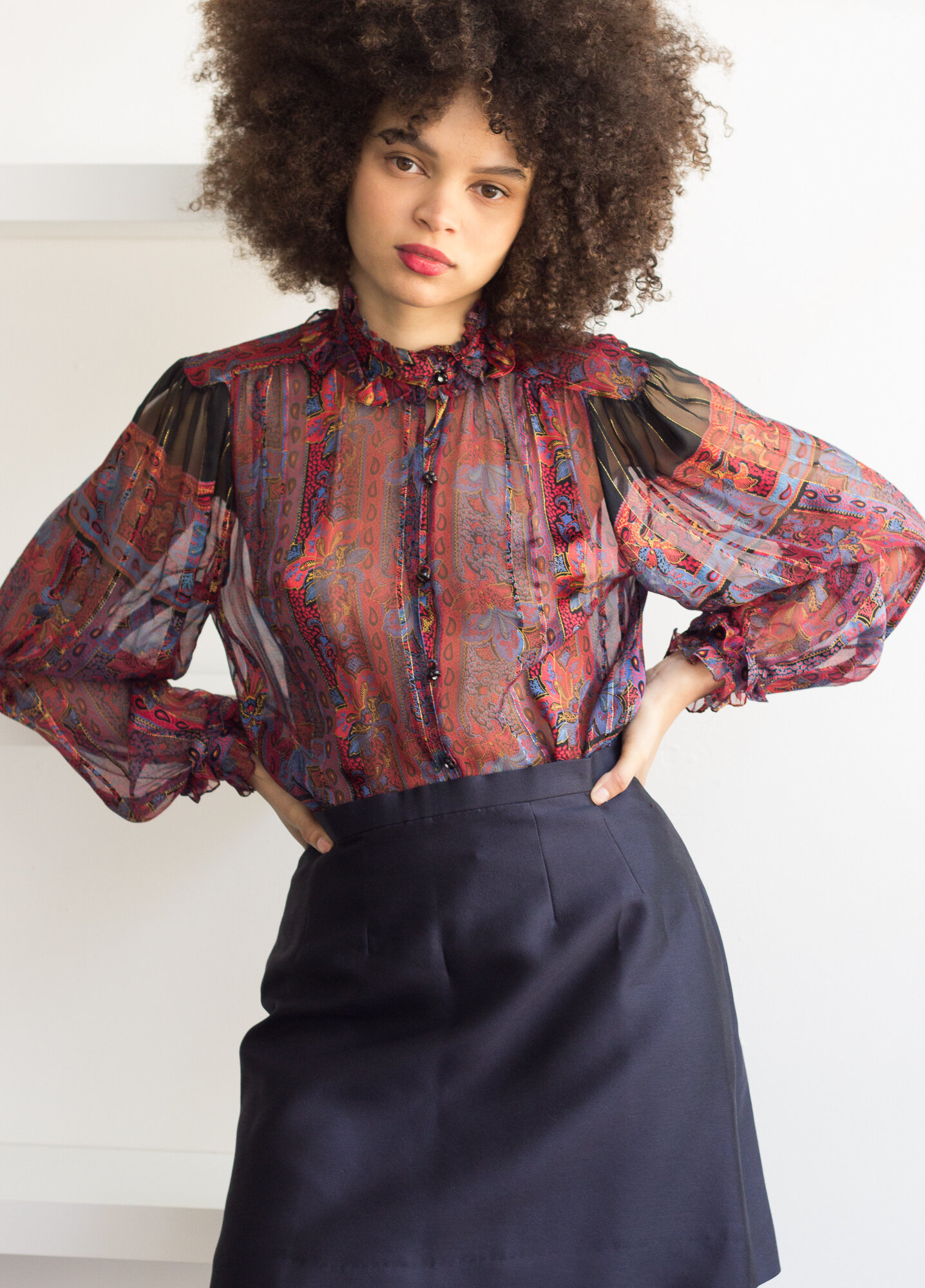 1980s Silk Farm Sheer Paisley Ruffle Blouse — Wayward Collection 1980s Silk Farm Sheer Paisley Ruffle Blouse — Wayward Collection